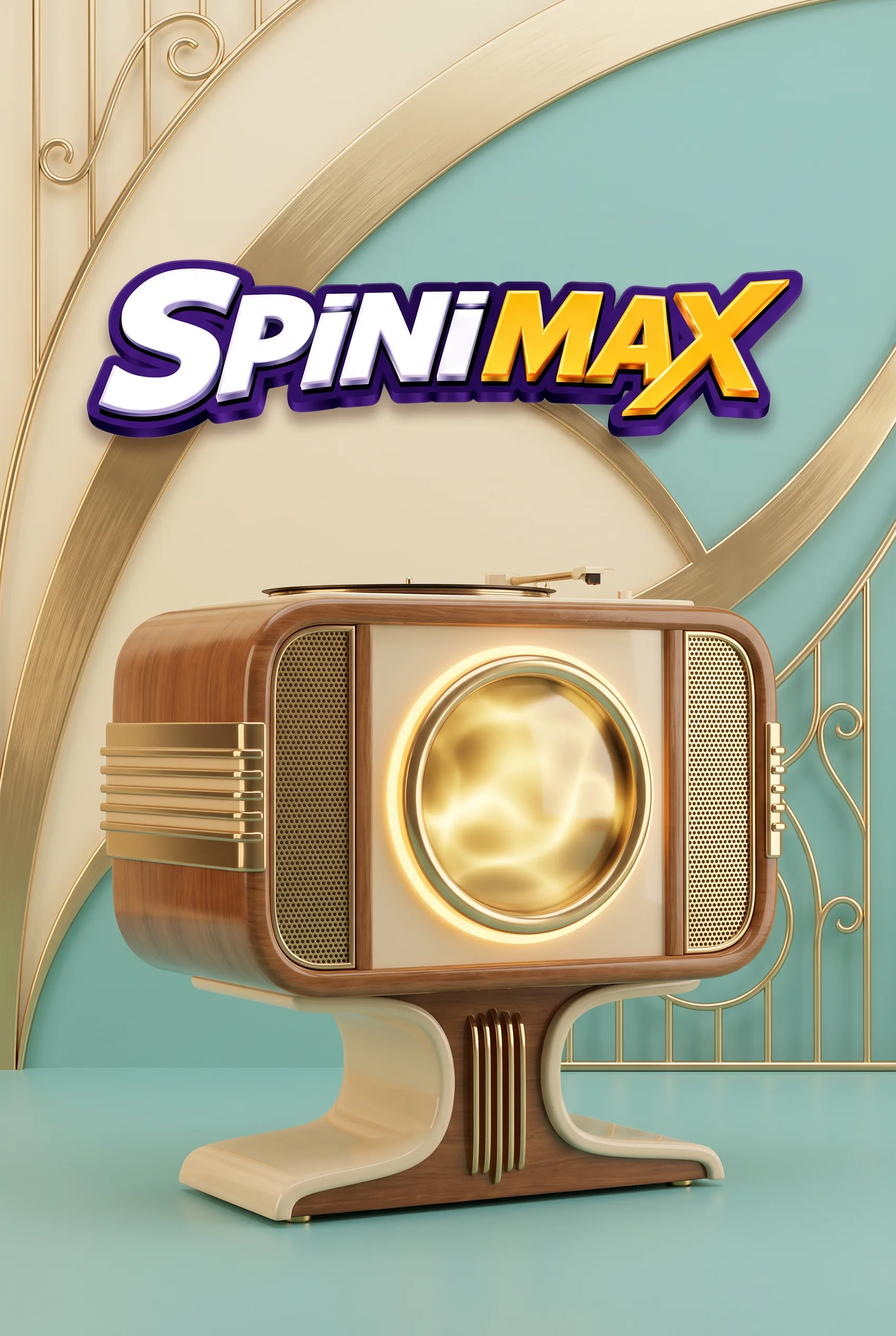 Spinimax mit einem kompakten Retro-Plattenspieler in Mint, Creme und Gold