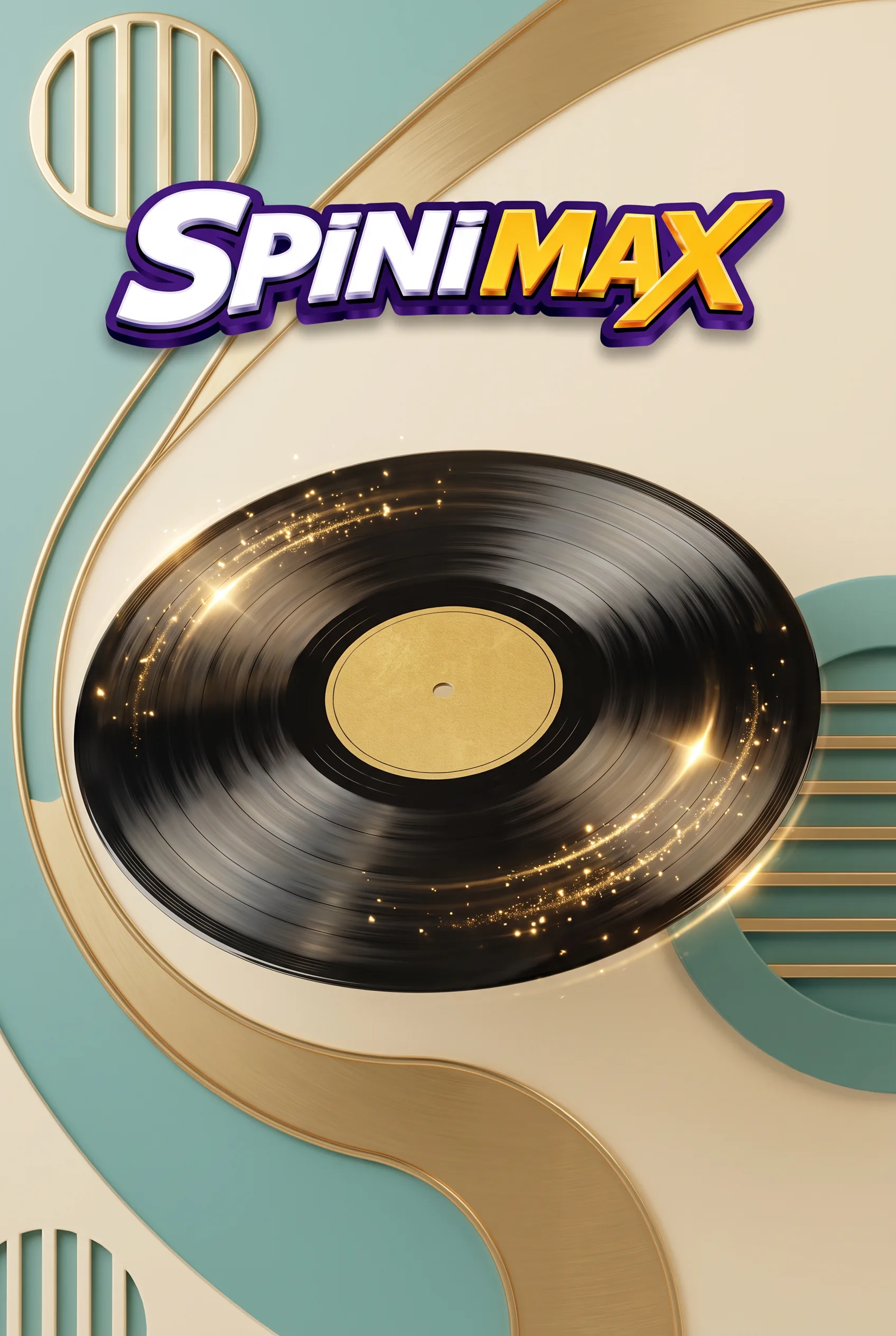 Spinimax Willkommensbonus mit einer goldenen Schallplatte auf mintfarbenem Hintergrund